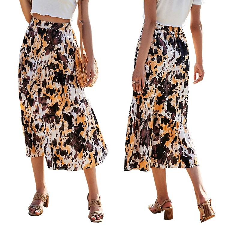 

2021 Women High Waist Midiskirt Casual Loose Breathable Dress Summer Party Fashion Lady Printed Bust Skirt