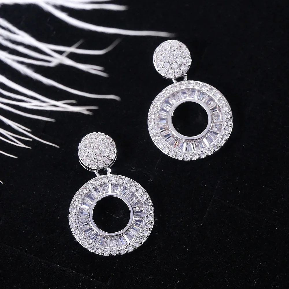 

CAOSHI Luxury Popular Pendant Dangle Earrings Full Mirco Paved White Round Zircon Drop Earrings Wedding