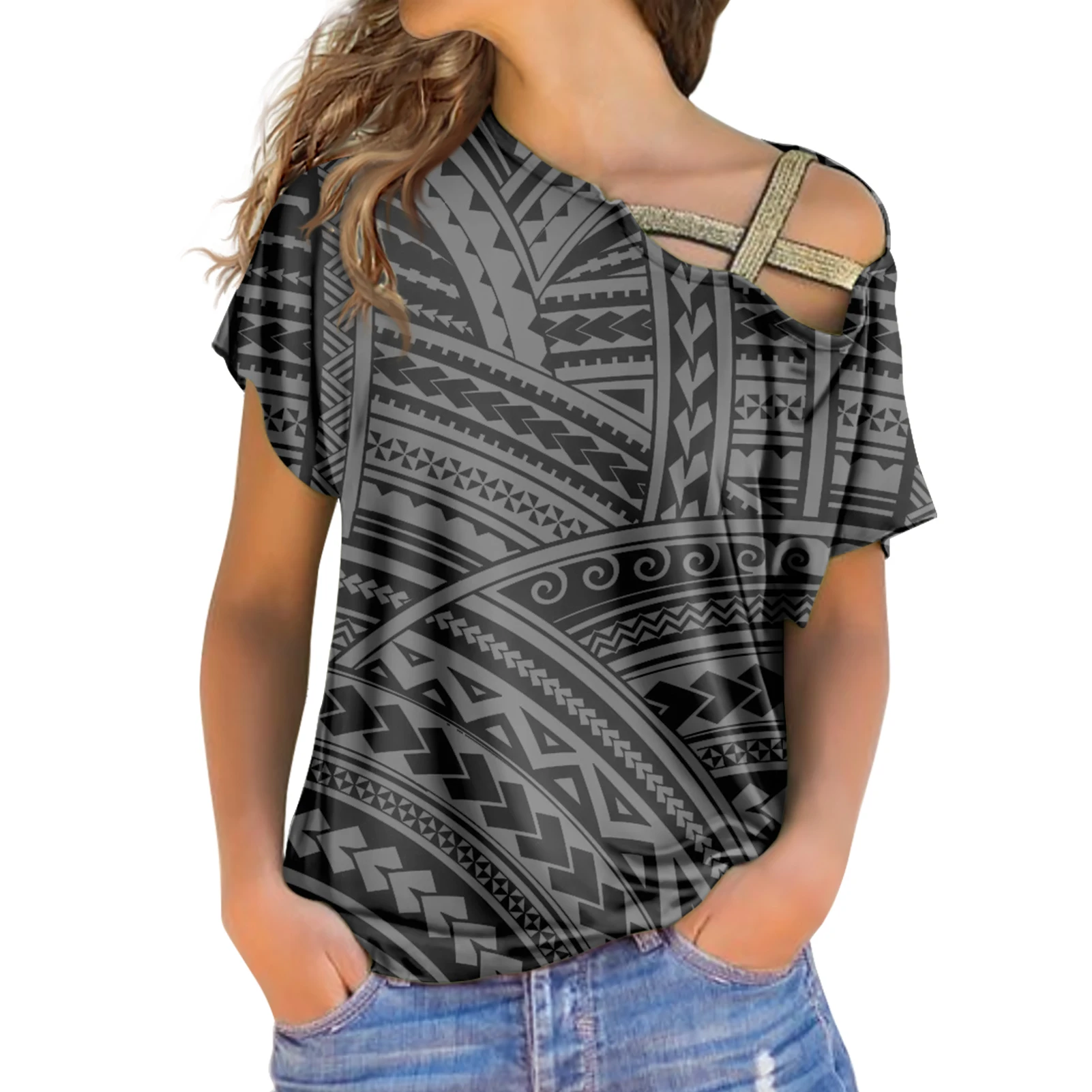 

White/Black Samoan Tribal Tattoo Totem Print Ladies T Shirt Raglan Short Sleeves Hawaiian Clothes Blouse Chiffon T Shirt, 17colors/prints