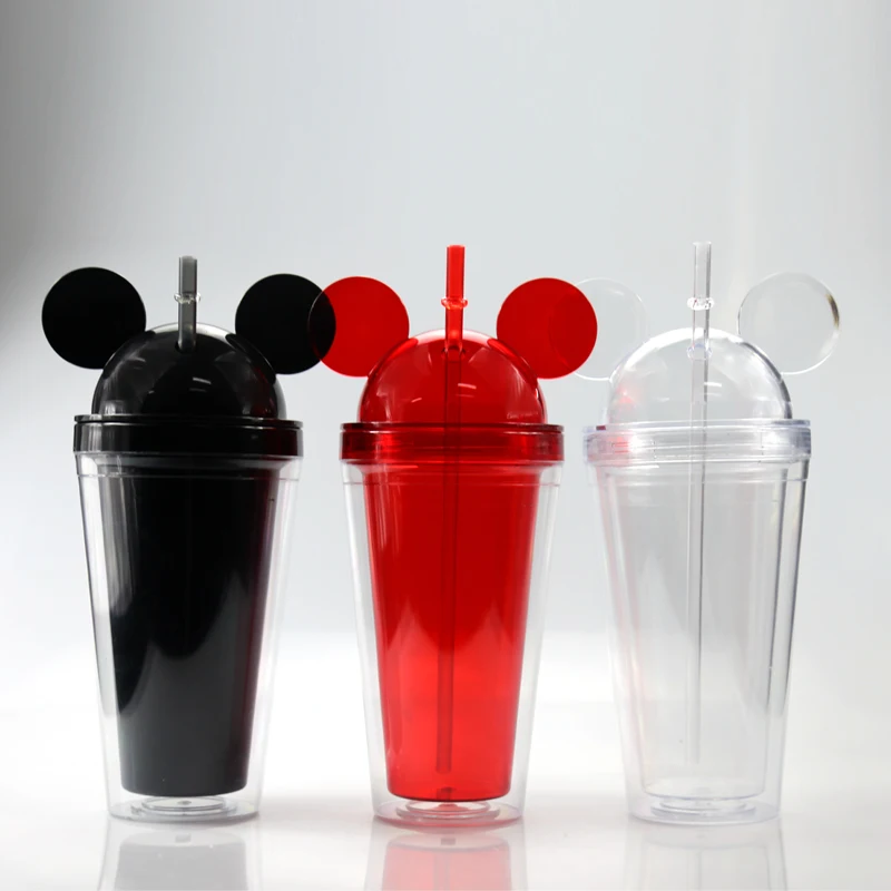 

Kids Cup 16oz Double Wall Mouse Ear Clear Cups Acrylic BPA Free Mickey Tumbler Mug In Bulk with Straw And Lid, Pink/blue/green/black/purple/rose red