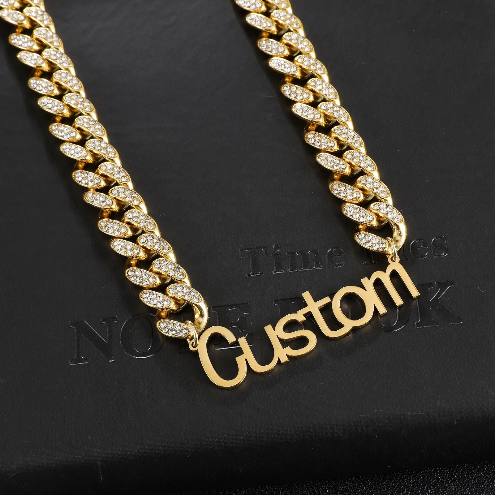 

Hot Sale Fashion Iced Out Cuban Chain 13MM Gold Plating Stainless Steel Nameplate Necklace, 18k gold /18k rose gold/18k rhodium