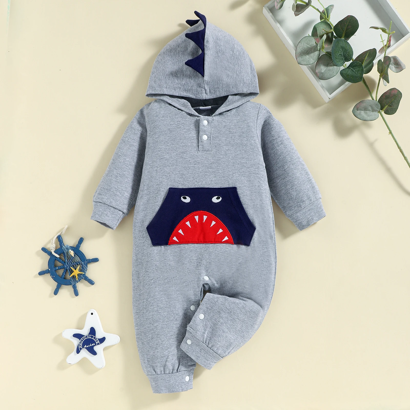 

fashion Autumn Winter 0-24m Newborn Infant Clothes Baby Boy hooded Romper Long Sleeve dinosaur Jumpsuit, As image shown