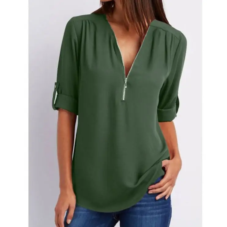 

FORLADIES Best Design Summer Fresh V Neck Long Sleeve Chiffon Elegant Plus Size Tops Women Blouse Ladies Casual Shirt