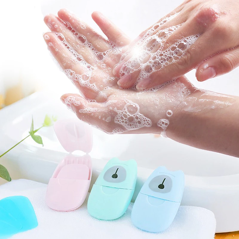

50pcs Mini Soap Paper Portable Hand Washing Box Travel Convenient Disposable Boxed Soap Paper Scented Slice Sheets, As photo