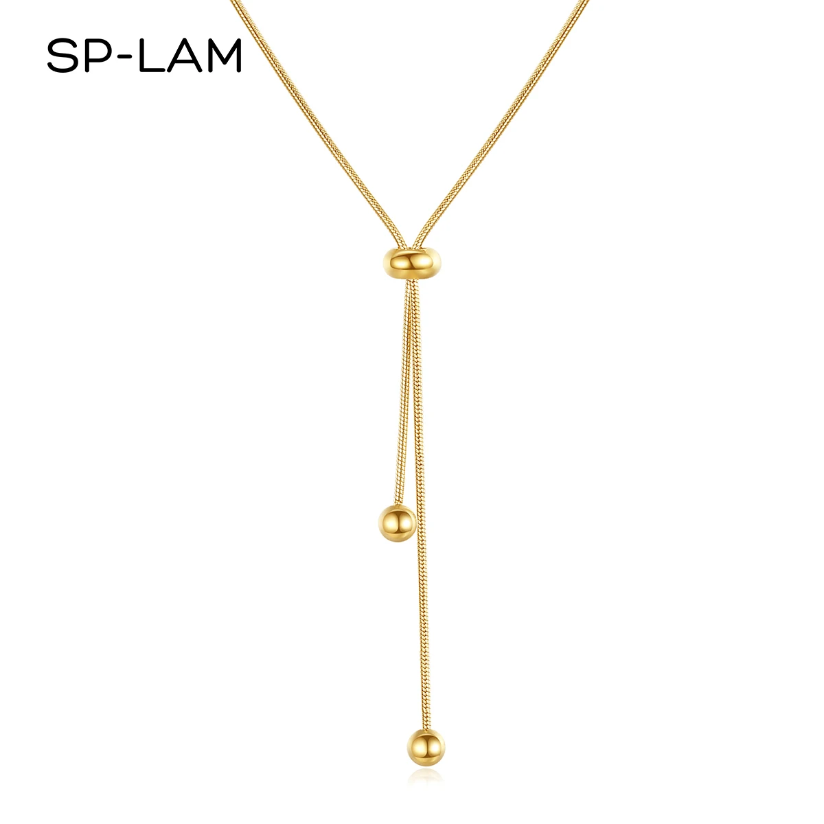 

SP-LAM Fashion Bead Pendant Long Stainless Steel Jewelry Woman Ball Gold Snake Chain Necklace