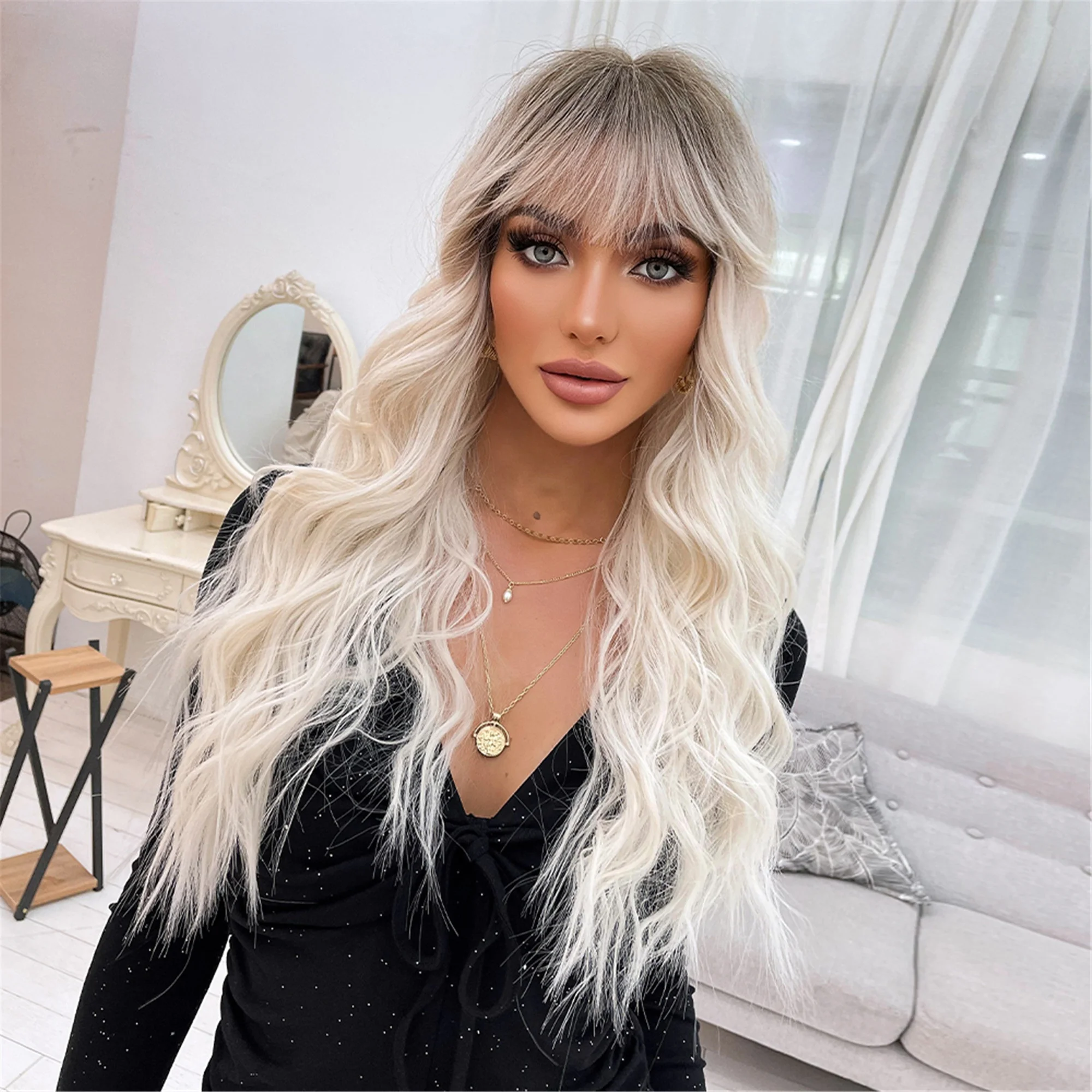 

Synthetic Wig Mixed Gradient White Color Long Water Wave Curly Hair Rose Intranet High Quality Wig