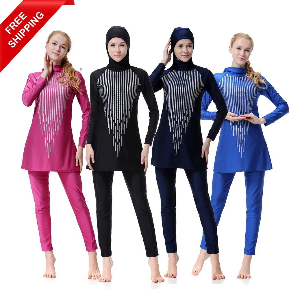 

FREE SHIPPING Hot Sale Solid Tassel Printing Women Modest Full Cover One-Piece Swimsuit Islamic Muslim Swimsuit Swimwear, Black/navy blue/blue/rose red