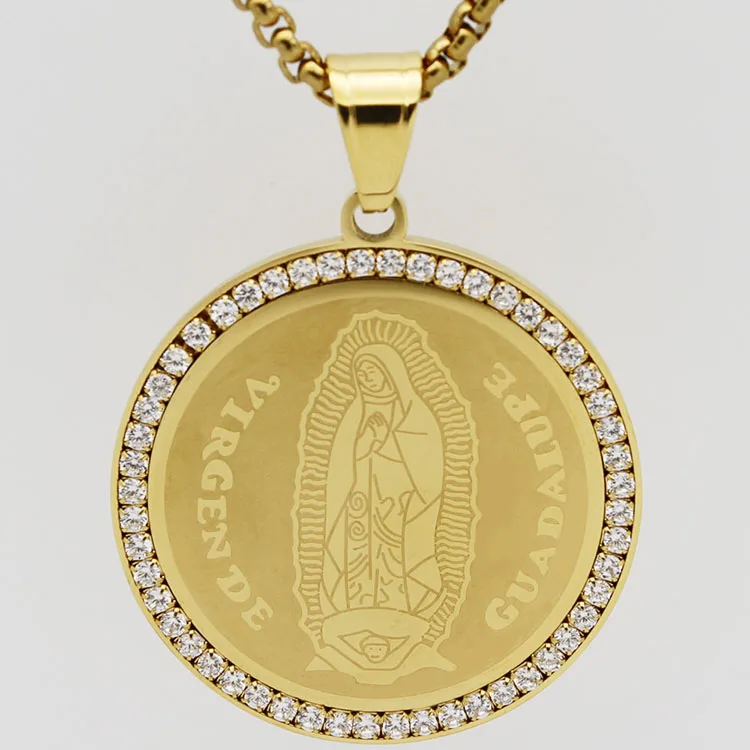 

Unisex High Quality Gold Plated Stainless Steel CZ Pave Blessed Mother Mary Pendant Chain Necklace for Men,Christian Jewelry, Gold,steel