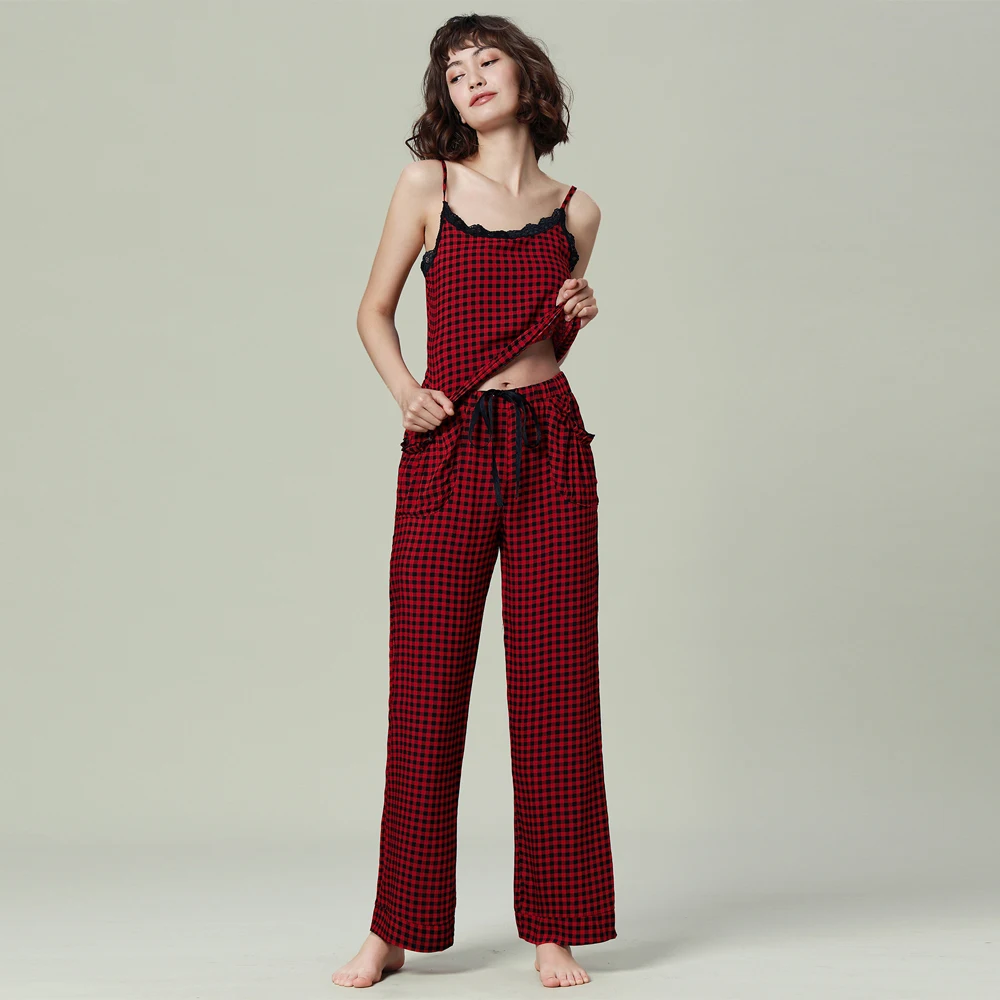 

2021 summer best seller red plaid printed cute 2pc adult pajama set lounge wear conjunto de pijama Chinese cheap women's pajamas