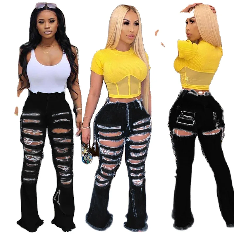 

Personality Street Trend Wide Leg Ripped Horn Bell Bottom Denim Women Jeans