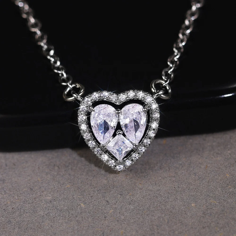 

New Arrival Lovely Heart Necklace Women Luxury Inlaid Pear/Square/Round Cubic Zircon Unique Design Wedding Engagement Jewelry, Customized color