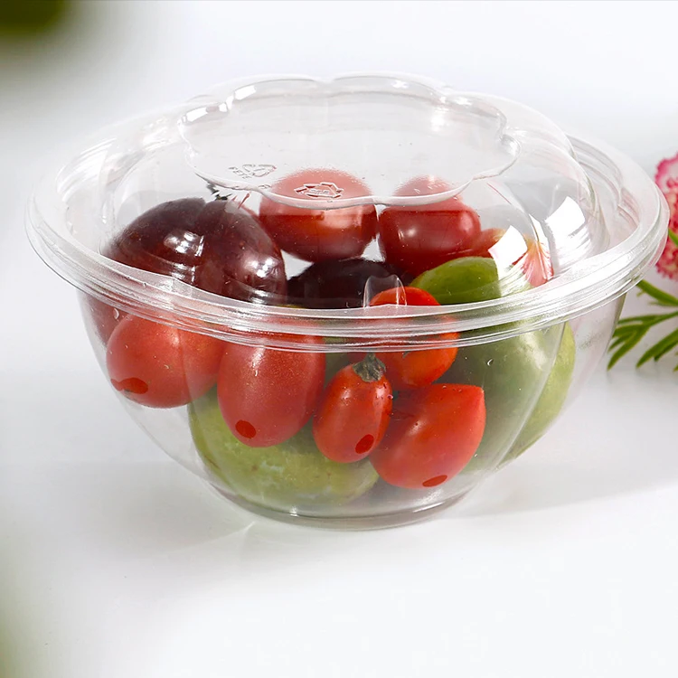 

Transparent 32OZ round Disposable Plastic takeaway reusable fruit salad bowl with lid, Customized color