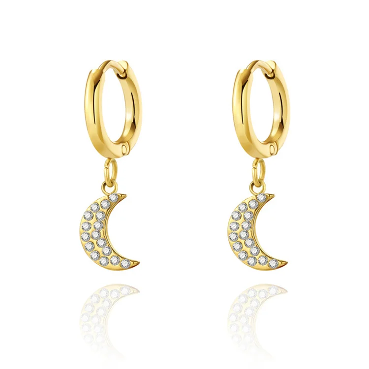

Popular stainless steel zircon jewelry 18k gold plated moon pendant hoop earrings