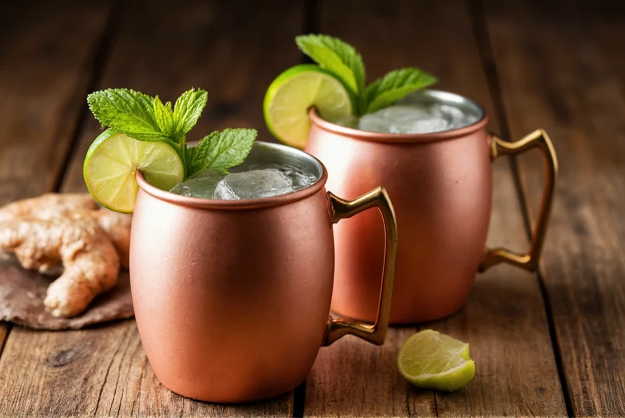 Copper mugs with Moscow Mules on rustic wooden table with lime slices and ginger