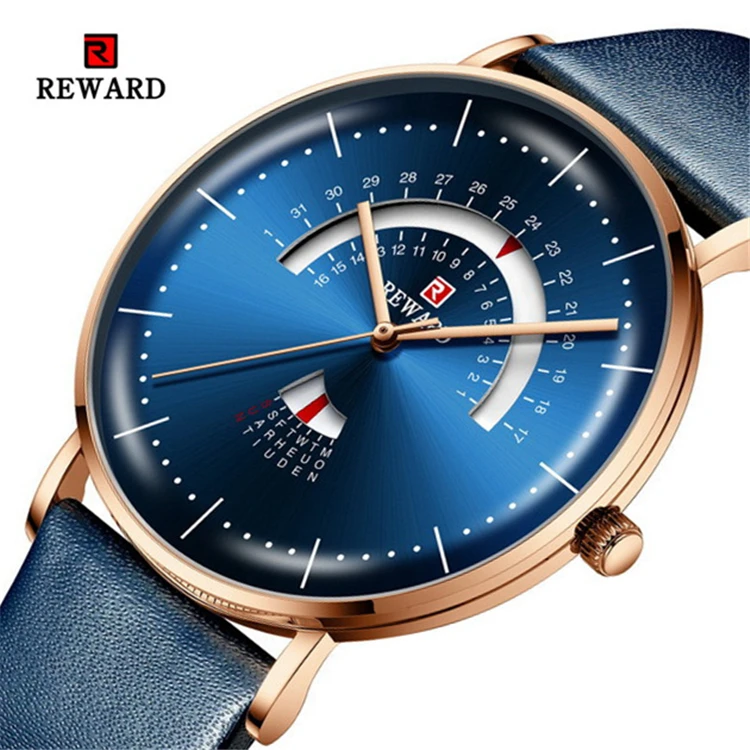

REWARD RD63102M Leather Strap Men's Watches Luxury Waterproof Quartz Watch Fashion Blue Analog Week Date Male Business Clock
