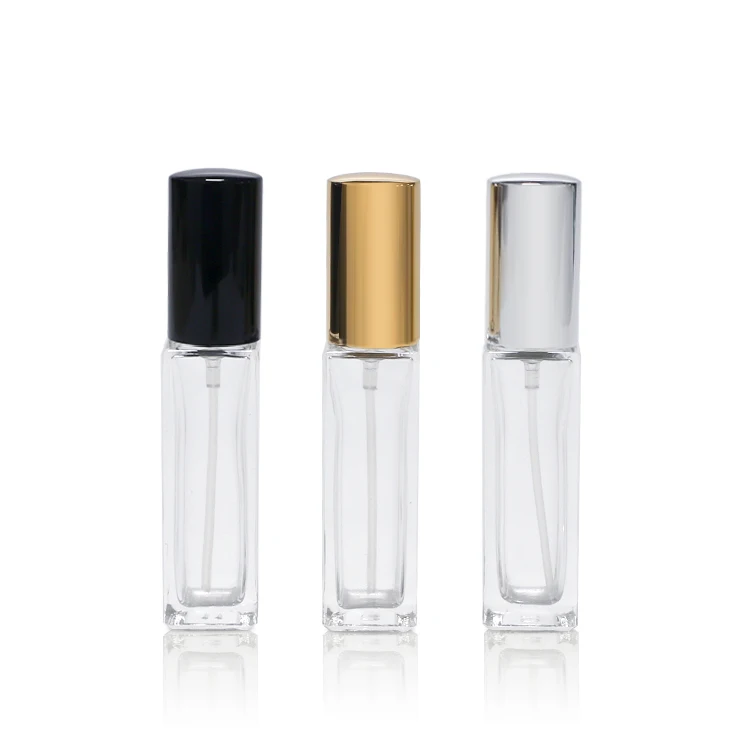 

Luxury empty 10 ml clear square rectangle glass 10ml perfume bottle with gold silver pump mist spray for fragrance oil packaging