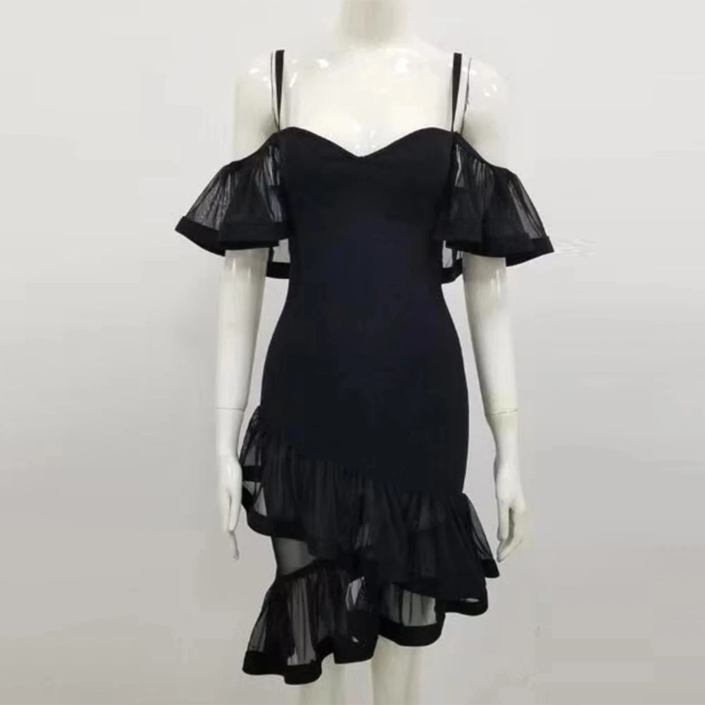 

Black Elegant Cold Shoulder Frill Midi Cocktail Dresses Vestidos Para Mujeres Sexy Costumes Vestido Mujer Club Bandages Dresses