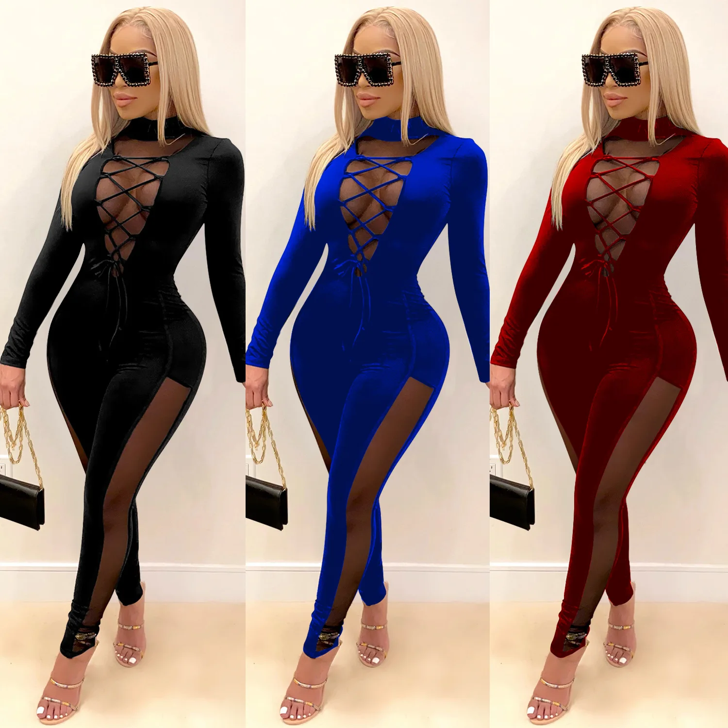 

C3898 winter new product fashion deep V perspective tight sexy solid color women's jumpsuit, Black red