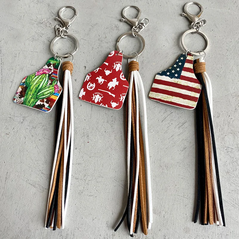 

2022 Cactus American Flag Leather Multicolor Ethnic Western Cowboy Korean Velvet Tassels Keychain