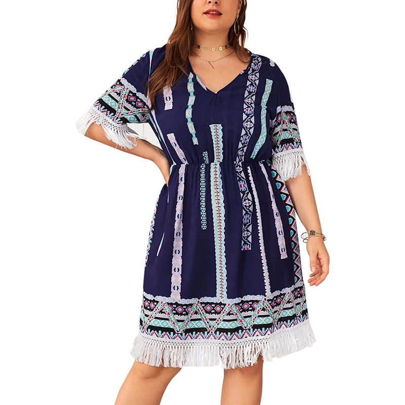 

Plus Size Vintage Fashion Boho Oversize Linen Short Sleeve Bohemian Summer Tassel Lady Cotton Casual Dress Women