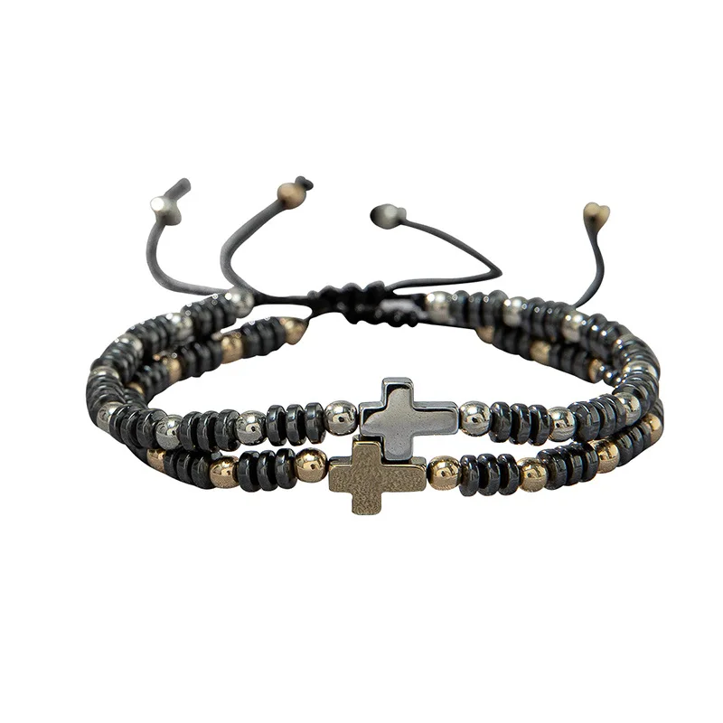 

Handmade Contrast Color Design Sense Cross Men's And Women Adjustable Couple Ironstone Bead Bracelet Set