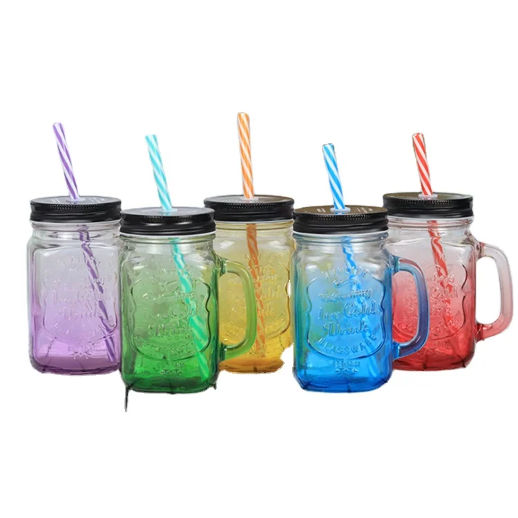 

Customized colourful 16 oz glass drinking wide mouth glass mason jar with handle and tin lid for Christmas Day, Clear