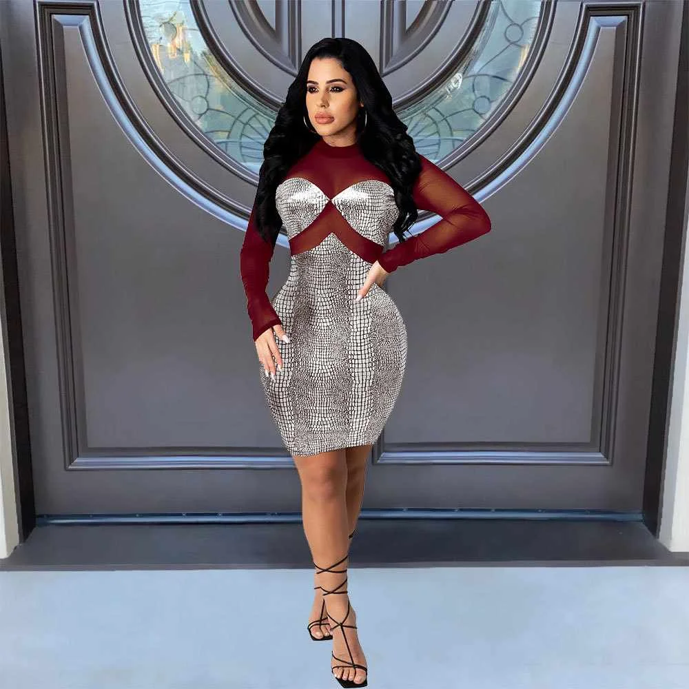 

New Shiny Sexy See-through Slim Nightclub Dress Women Mesh Dress, Picture color