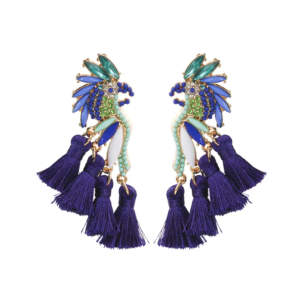 

Kaimei 2022 Amazon Dropshipping brand bohemian jewelry wholesale tassel parrot earrings retro blue fringe boho diamond earrings, Many colors fyi