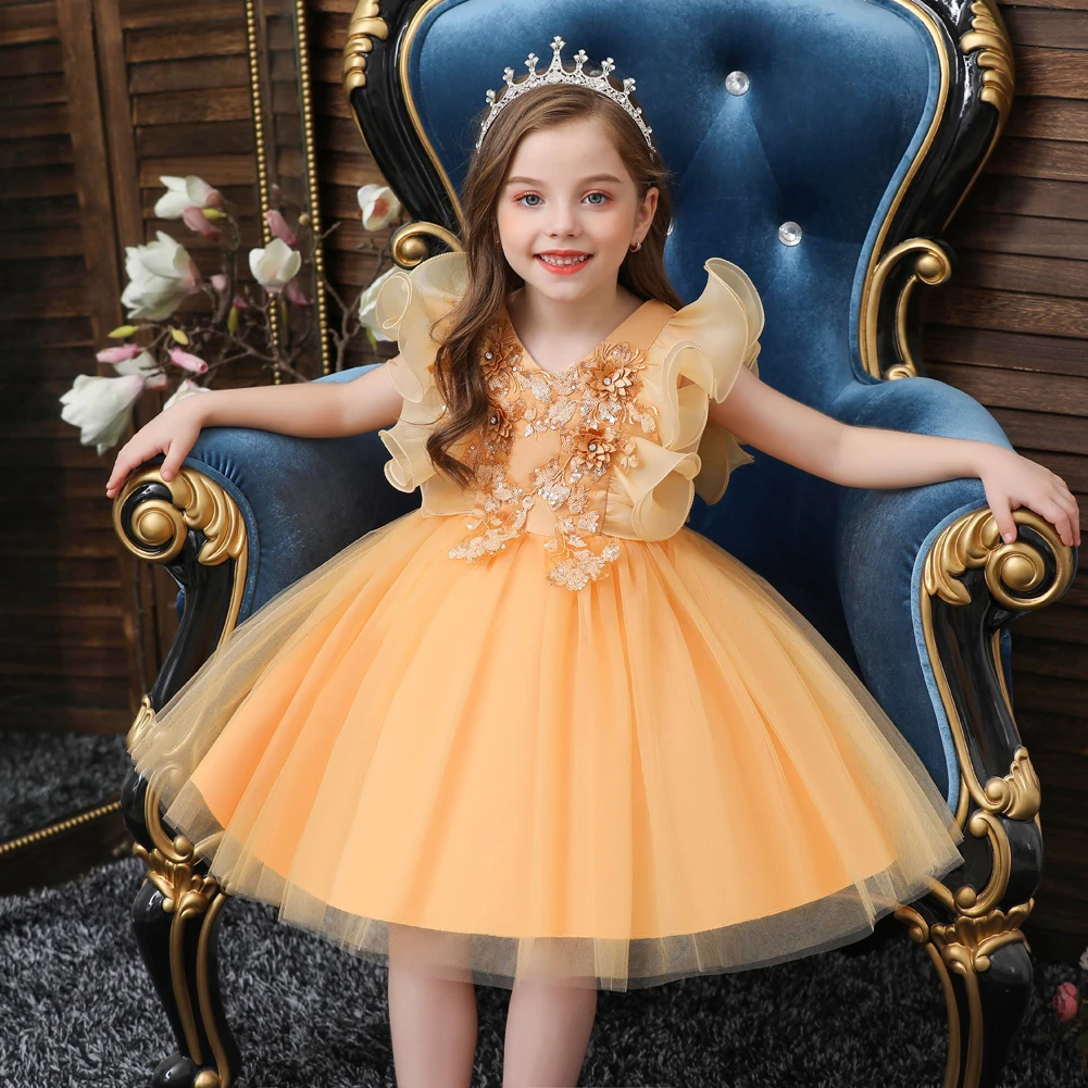 

Elegant girl knee length dress piano show children's high end banquet dresses classic flying sleeve clothing