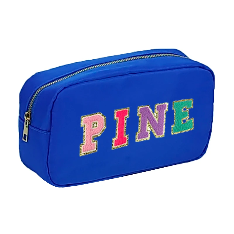 

Pine Waves Light Blue Makeup Bags In Stock Nylon Pouch Toiletry Bag With Towel Embroidery Letter Patches