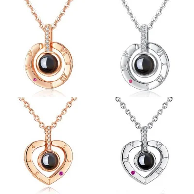 

2020 Fashion 100 Languages I Love You Rose Gold Love Memory Projection Zircon Pendant Necklace Valentines Day Gifts