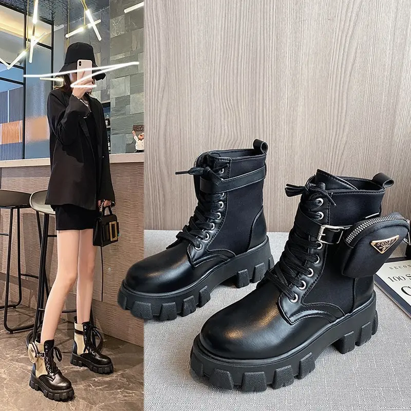

Women'S Thick Sole Martin Boots British Style Wallet-Side Lace-Up Platform High Top Military Boots
