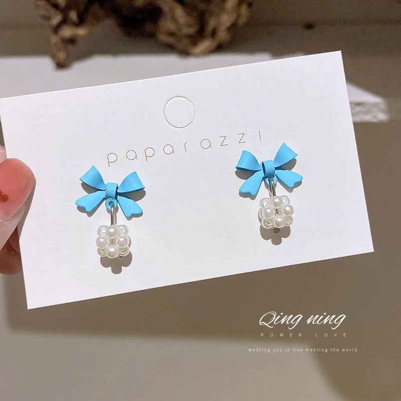 

wholesale earrings charms blue bow pearl ball dangle earring