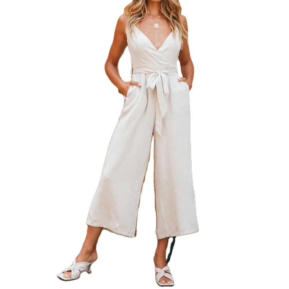 

Casual Sleeveless Spaghetti strap Romper V-neck Cotton Linen Jumpsuit, Solid