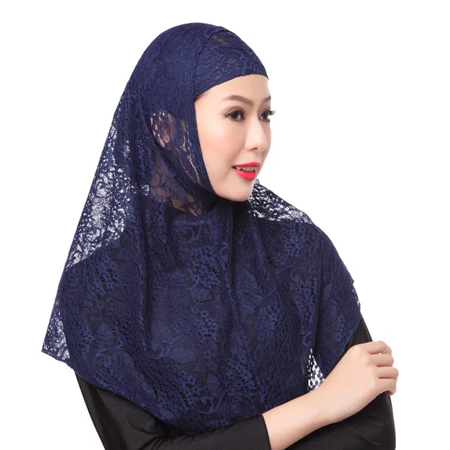 
SE3037 Arabic Islamic Kuwaiti hijab Saudi women plain color whole floral lace hijab polyester muslim scarf 
