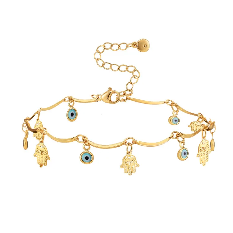 

2022 Fashion Jewelry Gold Plated Hamsa Hand Charm Ankle Bracelets Blue Enamel Oil Drop Evil Eyes Charm Anklets Women