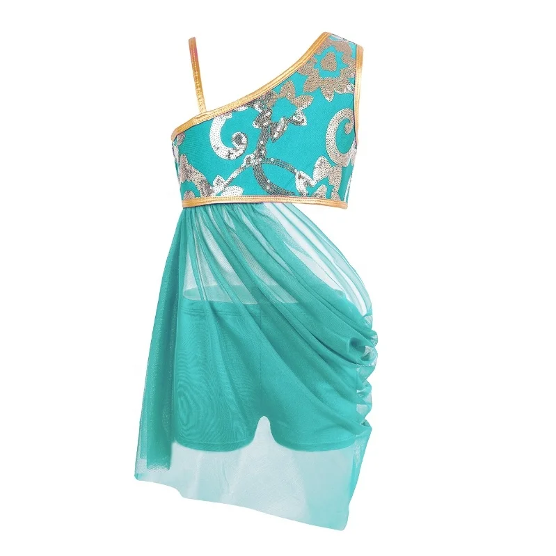 

Kids Girls One-shoulder Floral Sequins Top Side Waist Open Drap Skirt with pants Lyrical Modern Dress exotic dancewear