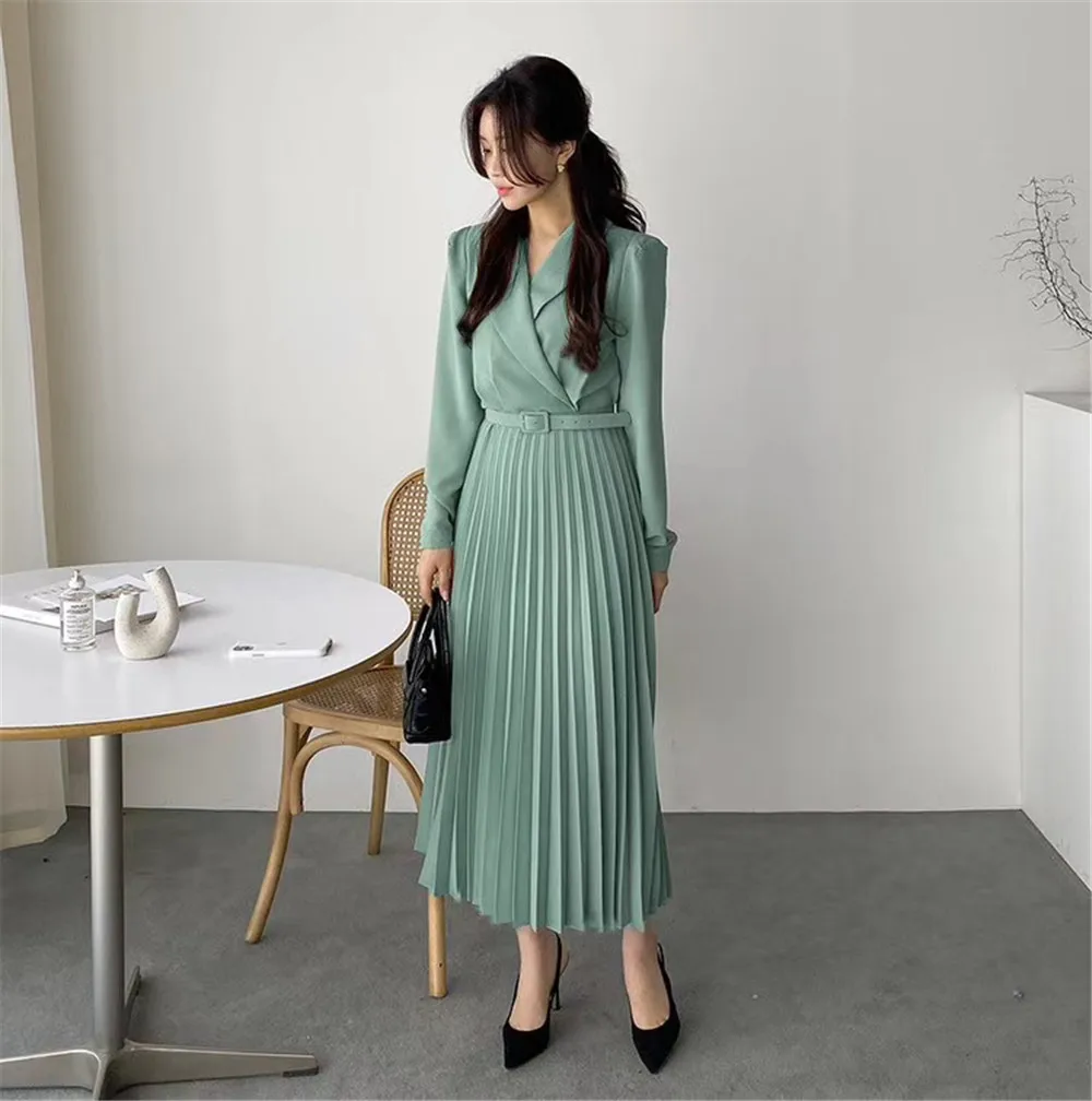 

New Fashion Long Sleeve Korean Pleated Dress with Belt, Black, khaki,green