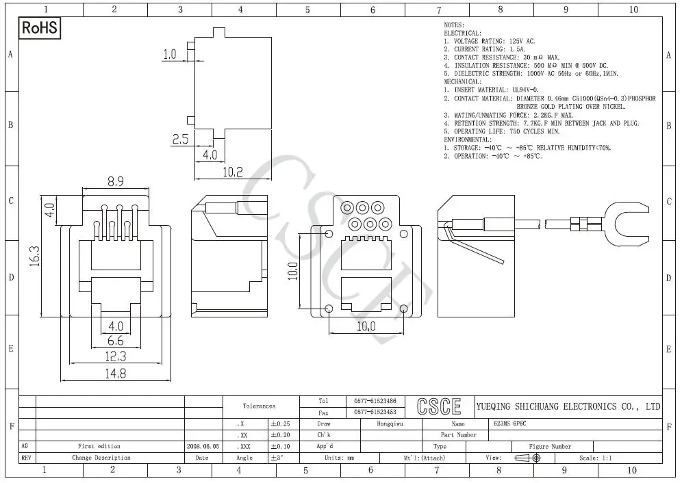 Rj11 6p6c Connector Rj11 Telephone Jack 623ms Rj11 Socket Connector