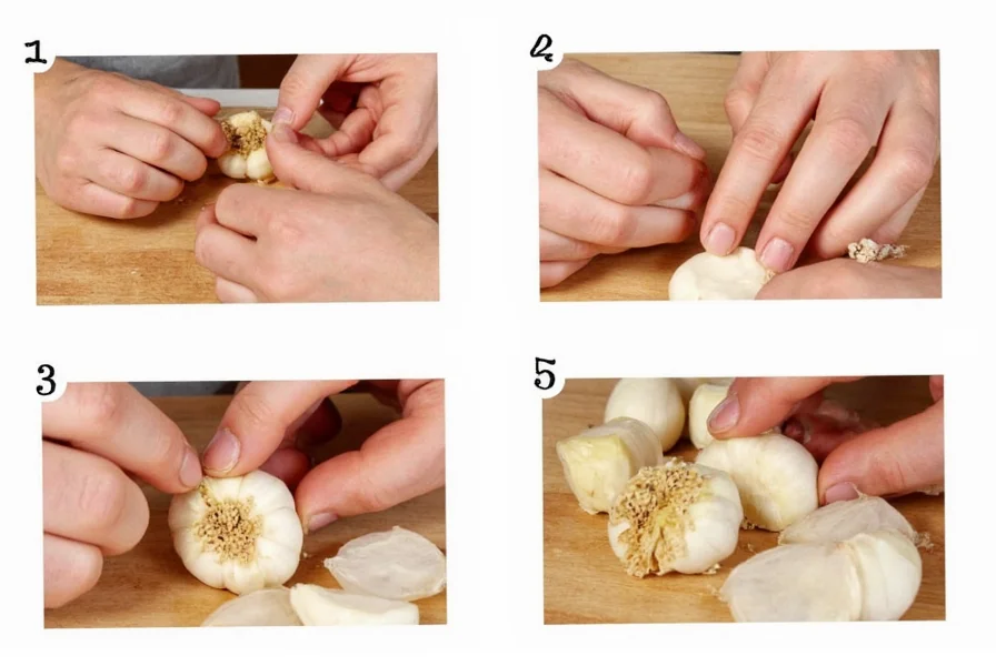 Step-by-step visual guide showing proper technique for peeling and mincing a single garlic clove