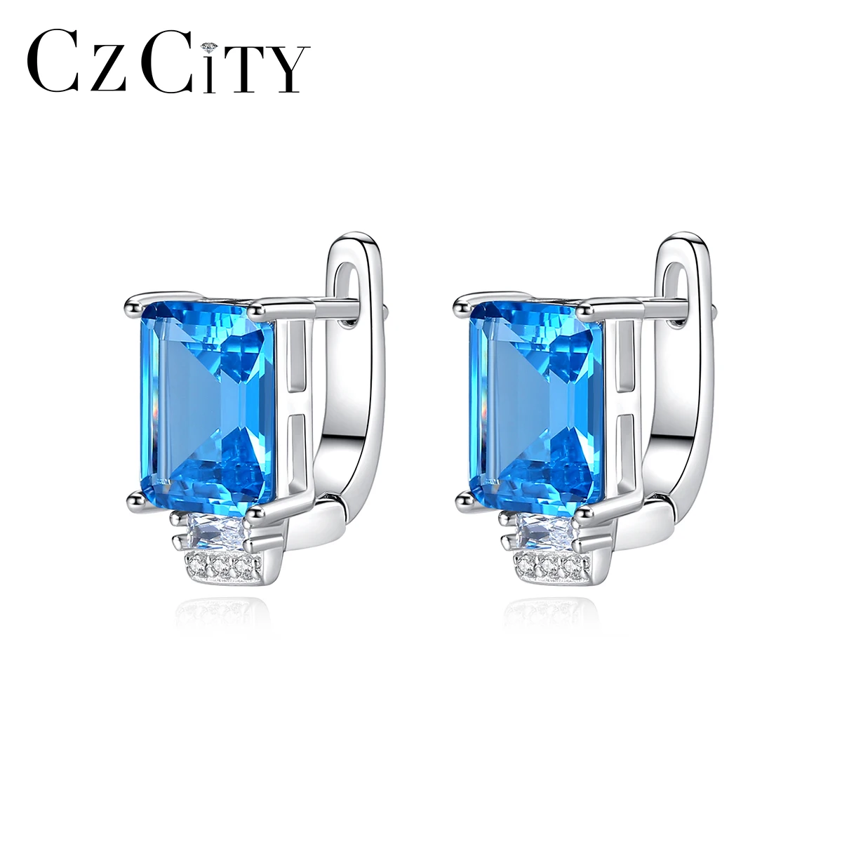 

CZCITY 925 Sterling Silver Sky Blue Emerald Cut Clip on Big Huggie Gemstone Earrings CZ Diamond Earrings Women Jewelry