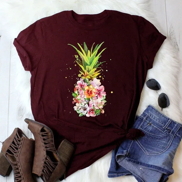 

2021 Women's Printed Top Fashion Pineapple Print Casual Short Sleeve Round Neck T-shirt