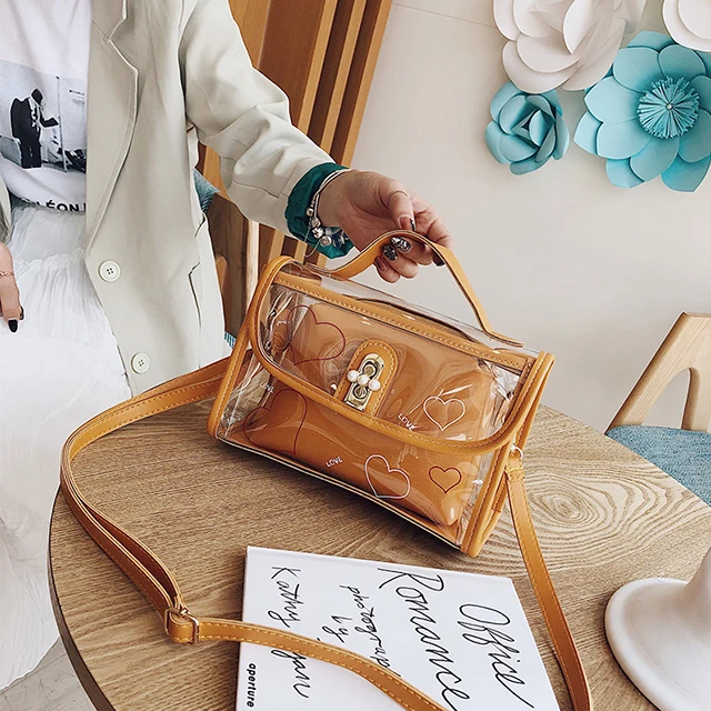 

Transparent female cross-body bag 2021 summer new plastic bag heart printed fashion handbag, Black, pink, blue, brown,white