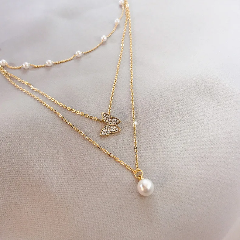 

2020 fashion pearl butterfly pendant 3 layer necklace
