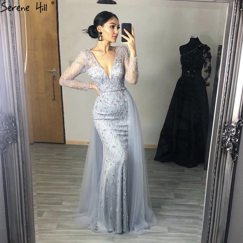 

Serene Hill Hot Light Purple Long Elegant Prom Dress V Neck Diamonds Mermaid Beads Evening Party Gowns For Girls LA70341