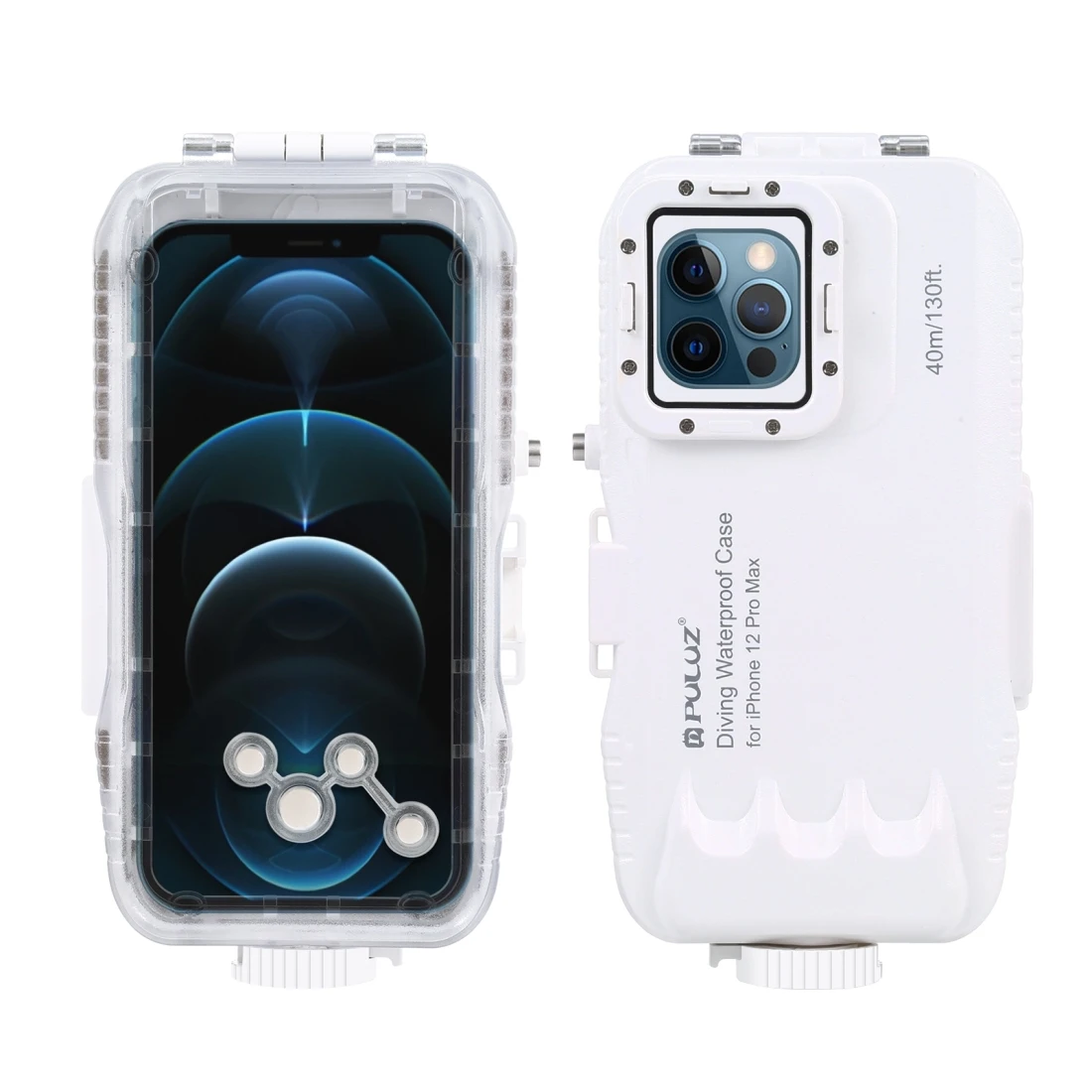 

beach bay 130ft Sea Underwater Depth 40m seawater Diving Video Case Waterproof phone Housing for iPhone 12 pro max, White