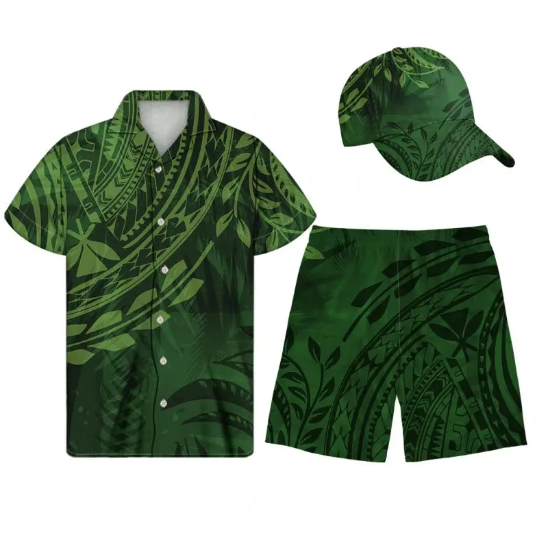 

Hot sale Polynesian Kanaka Maoli Tribal Tattoo Green Man Shirt Plus Size Men T Shirt and Short Set Summer Pants Beach for Man, Customized color