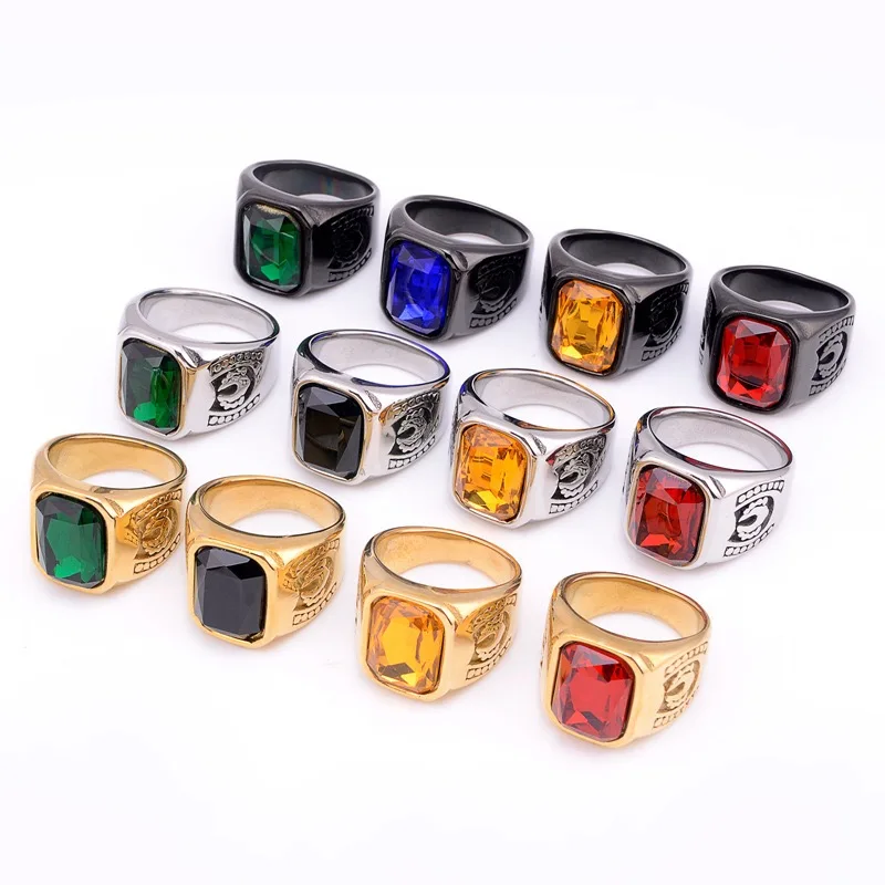 

mens diamond ring gold silver black multi colors Square GEM Stone rings for men