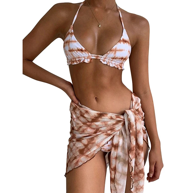 

Bikini 2021 New Arrival three piece bikini set womens tie dye Ruffle-Strappy Bikini Sexy Beachwear, As show or customized