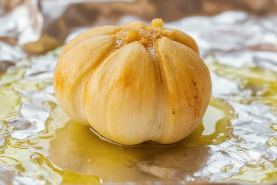 Close-up of single roasted garlic clove on aluminum foil with olive oil droplets, soft golden texture, kitchen background